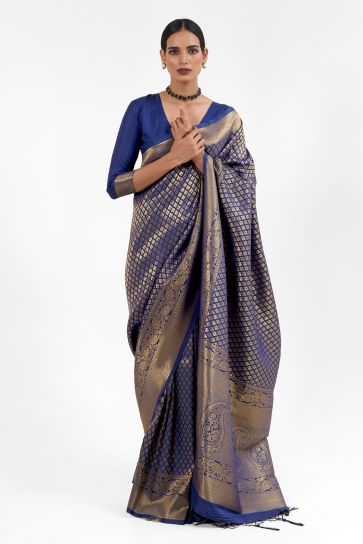 Radiant Blue Color Silk Handloom Weaving Saree