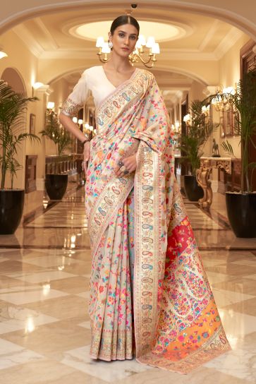 Beige Color Glorious Kashmiri Modal Handloom Weaving Silk Saree