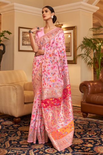 Delicate Pink Color Kashmiri Modal Handloom Weaving Silk Saree