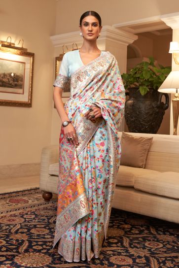 Blazing Light Cyan Color Kashmiri Modal Handloom Weaving Silk Saree
