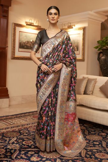 Black Color Glamorous Kashmiri Modal Handloom Weaving Silk Saree