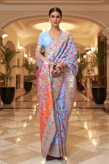 Sky Blue Color Exquisite Kashmiri Modal Handloom Weaving Silk Saree