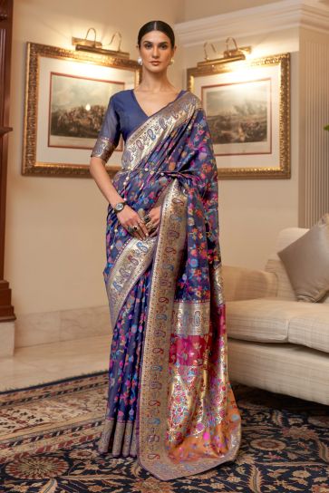 Attractive Kashmiri Modal Handloom Weaving Silk Saree In Navy Blue Color