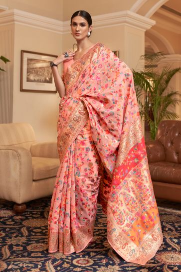 Alluring Peach Color Kashmiri Modal Handloom Weaving Silk Saree
