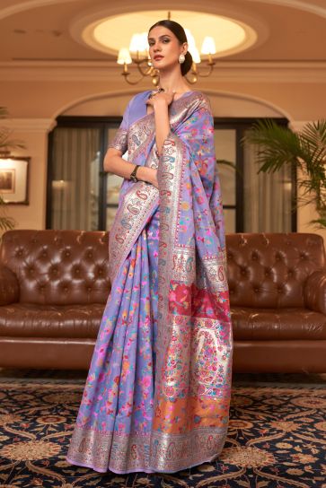 Lavender Color Graceful Kashmiri Modal Handloom Weaving Silk Saree