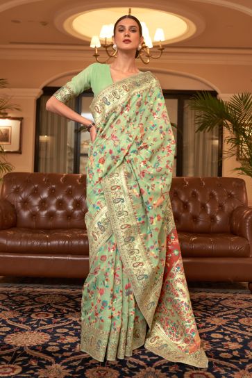 Albescent Sea Green Kashmiri Modal Handloom Weaving Silk Saree