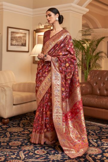 Charm Maroon Kashmiri Modal Handloom Weaving Silk Saree