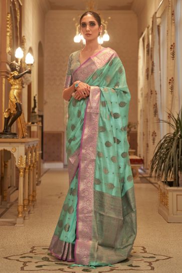 Alluring Cyan Color Handloom Weaving Silk Saree