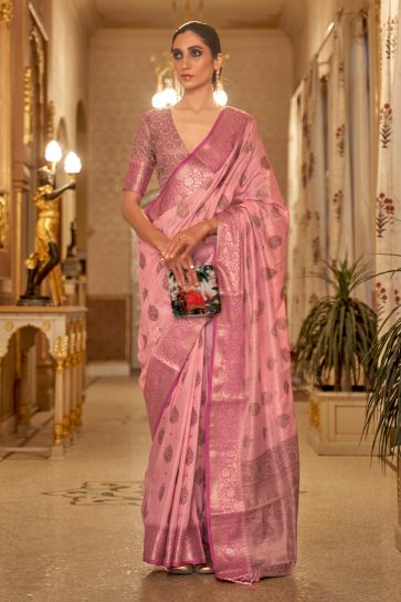 Pink Color Graceful Handloom Weaving Silk Saree