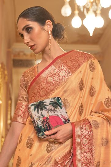 Peach Color Gorgeous Handloom Weaving Silk Saree