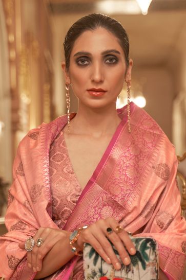 Pink Color Brilliant Handloom Weaving Silk Saree