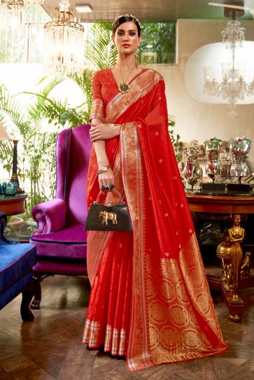Blazing Red Color Weaving Work Art Silk Saree