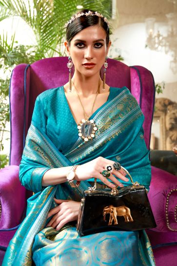 Alluring Cyan Color Weaving Work Art Silk Saree