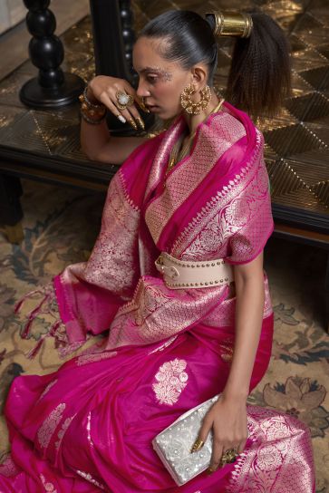 Rani Color Pleasant Zari Weaving Work Georgette Saree