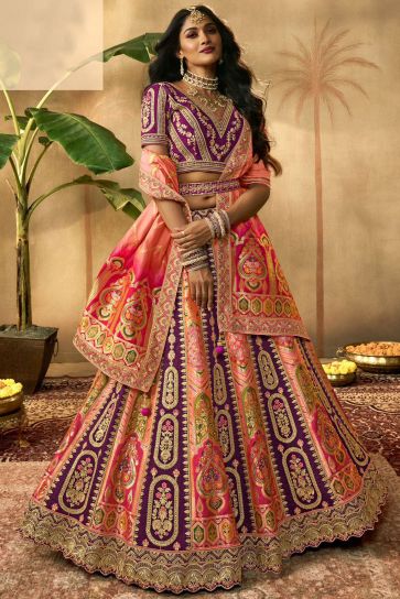 Heavy Embroidered Multi Color Bridal Lehenga Choli In Silk Fabric