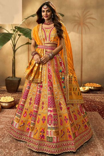 Multi Color Silk Fabric Designer Bridal Lehenga Choli With Heavy Embroidery Work