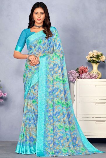 Tempting Chiffon Blue Color Printed Saree