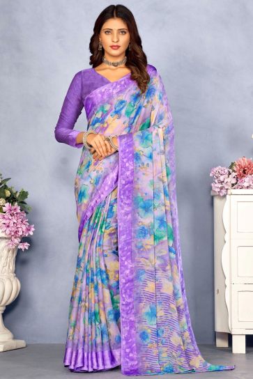 Classic Printed Purple Color Chiffon Saree