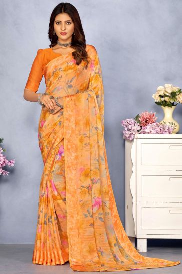 Blazing Orange Color Chiffon Printed Saree