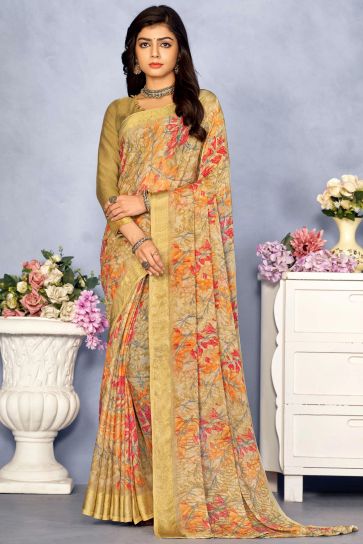 Appealing Printed Chiffon Beige Color Saree