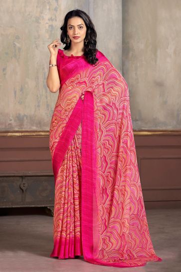 Adorable Pink Color Casual Chiffon Fabric Abstract Print Design Saree
