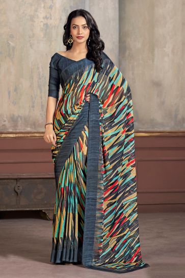 Chiffon Fabric Abstract Print Saree In Multi Color