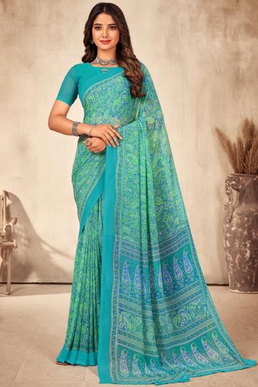 Appealing Printed Georgette Sea Green Color Saree