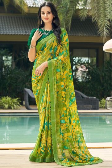 Green Color Daily Wear Printed Saree In Chiffon Fabric