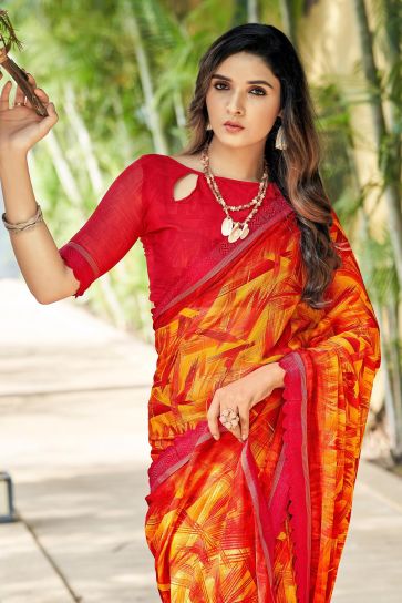 Red Color Chiffon Fabric Fancy Printed Daily Wear Saree