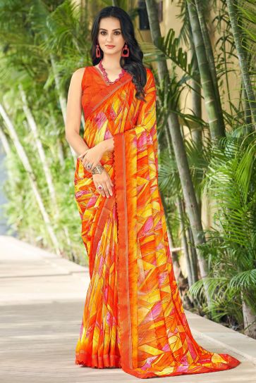 Chiffon Fabric Printed Orange Color Casual Wear Saree