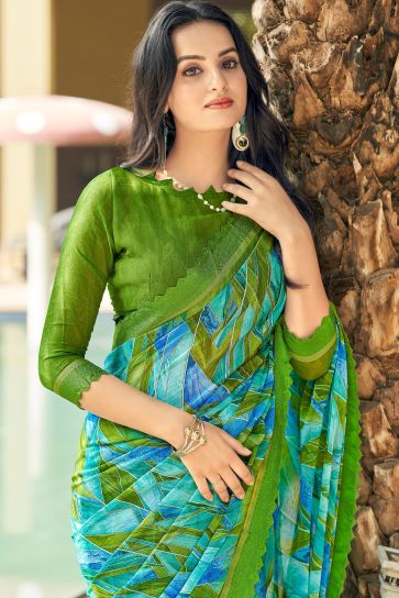 Printed Green Color Chiffon Fabric Daily Wear Saree