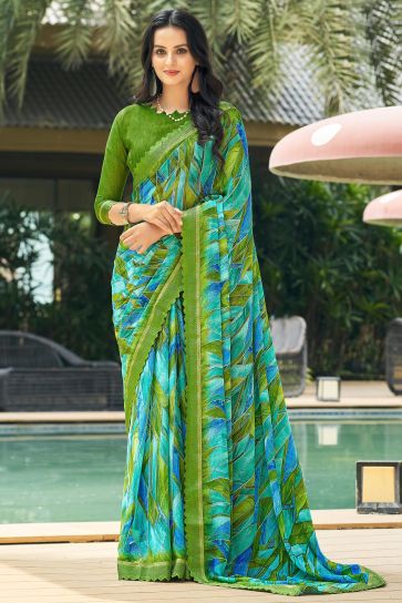 Printed Green Color Chiffon Fabric Daily Wear Saree