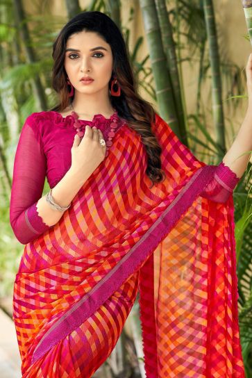 Casual Wear Classic Chiffon Fabric Printed Saree In Rani Color
