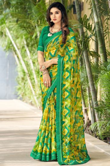 Green Color Daily Wear Classic Printed Chiffon Fabric Saree
