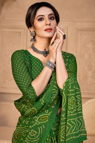 Chiffon Fabric Green Color Bandhej Print Casual Fancy Saree
