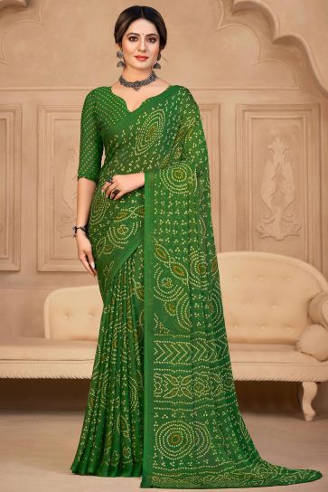 Chiffon Fabric Green Color Bandhej Print Casual Fancy Saree