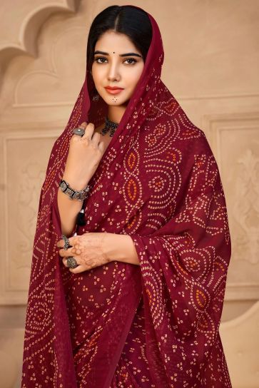 Chiffon Fabric Maroon Color Casual Bandhani Print Saree