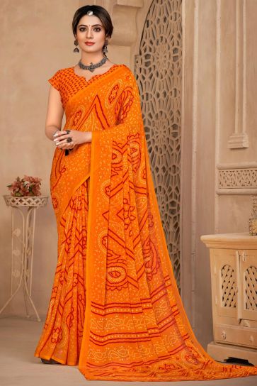 Chiffon Fabric Bandhani Print Orange Color Casual Saree