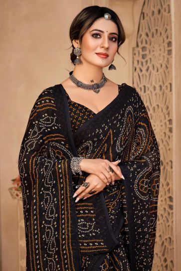 Chiffon Fabric Black Color Casual Bandhani Print Saree