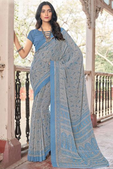Printed Blue Color Chiffon Fabric Daily Wear Saree