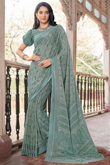 Sea Green Color Chiffon Fabric Printed Casual Saree