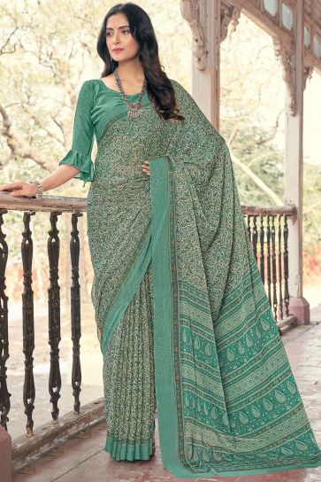 Sea Green Color Daily Wear Printed Saree In Chiffon Fabric