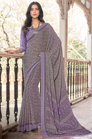 Lavender Color Chiffon Fabric Printed Daily Wear Saree