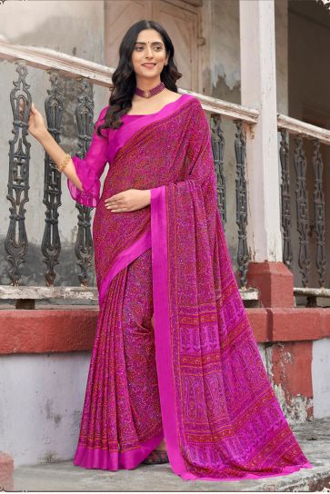 Pink Color Chiffon Fabric Casual Tempting Abstract Printed Saree