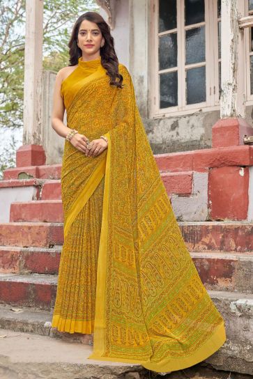 Yellow Color Chiffon Fabric Casual Awesome Abstract Printed Saree