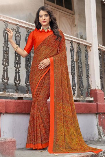 Orange Color Chiffon Fabric Alluring Casual Abstract Printed Saree