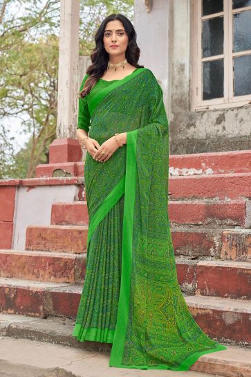 Elegant Chiffon Fabric Green Color Casual Abstract Printed Saree
