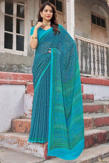 Blue Color Casual Sober Abstract Printed Saree In Chiffon Fabric