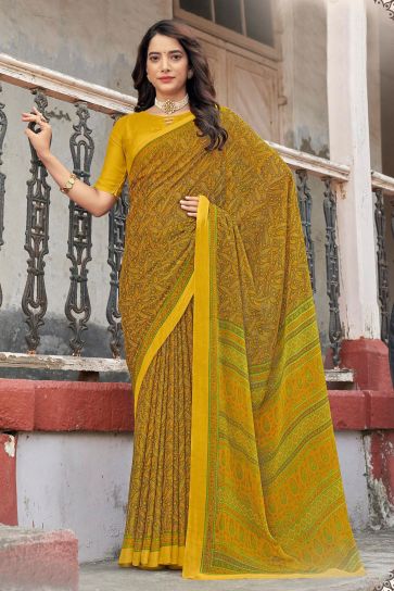 Chiffon Fabric Yellow Color Casual Winsome Abstract Printed Saree