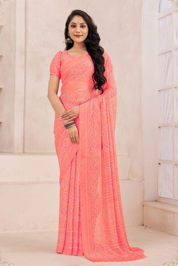 Peach Color Casual Wear Luminous Chiffon Printed Saree